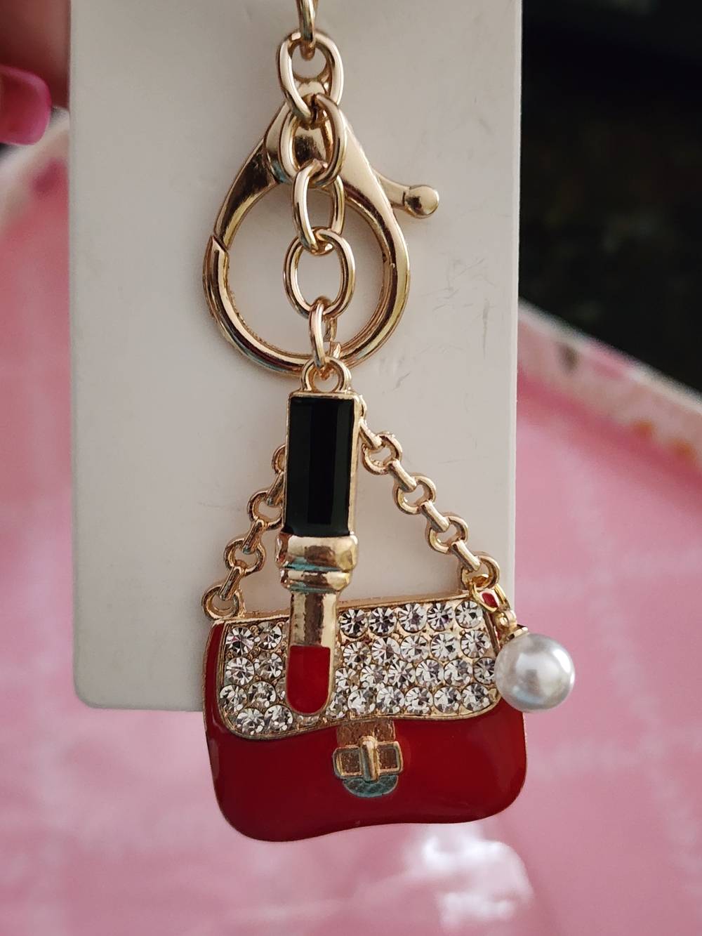 Rhinestone Lipstick & Purse Keychain Charm — Pink or Red - Picture 2 of 4